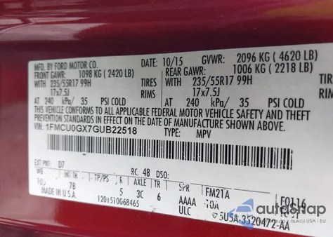 2016 Ford Escape Se from USA, damaged, VIN 1FMCU0GX7GUB22518